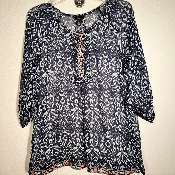 intro. Tops - Intro Navy Blue White Embroidered Ribbon Sleeve Blouse